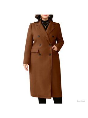 Plus Size Wool Blend Pea Coat Double Breasted Notch Lapel Long Trench Coat
